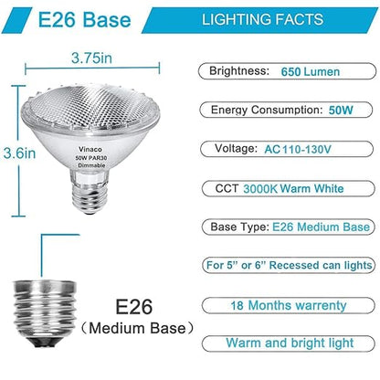 Vinaco PAR30 Halogen Bulb 50W 120V E26 Base, 6 Pack PAR30 Short Neck Halogen Long Lifespan，50W PAR 30 Dimmable 3000k Warm White，High Out PAR 30 Flood Light Instead for Flood Light Bulb Outdoor.…