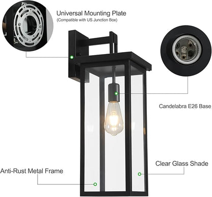 tewei Large Size Outdoor Wall Lantern Exterior Wall Light Fixture, Matte Black Porch Light Waterproof Outdoor Lights for House with Clear Glass Shade, E26 Base Wall Sconces for Garage (1 Pack)
