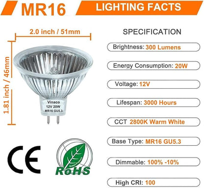 Vinaco 6 Pack MR16 Halogen Bulb 20W 12V, 2800K Warm White, Dimmable, GU5.3 Base, 300 Lumens, 3000 Hour Life, Indoor/Outdoor
