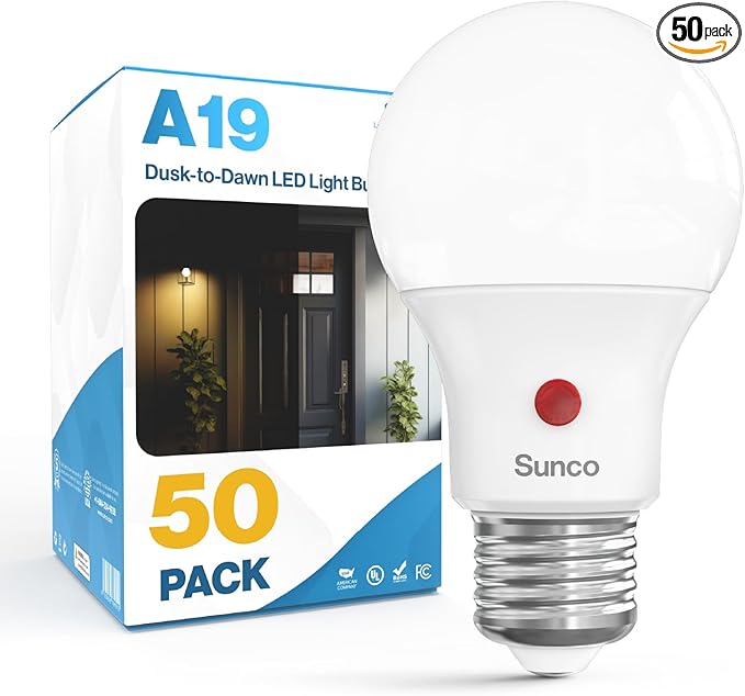 Sunco 50 Pack Dusk to Dawn LED Outdoor Light Bulb A19, Photocell Automatic for Exterior Lighting, 800 LM, 9W (60W Eqv.), 3000K Warm White, Auto On/Off Sensor, IP65 Rated UL.