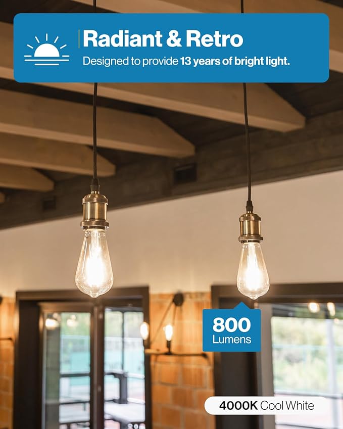 Sunco 40 Pack Edison Bulbs LED ST64, Clear Vintage Filament Waterproof Bulb, 800 LM, 8W (60W Equivalent), ST19, 4000K Cool White, E26 Medium Base, Decorative Dimmable UL
