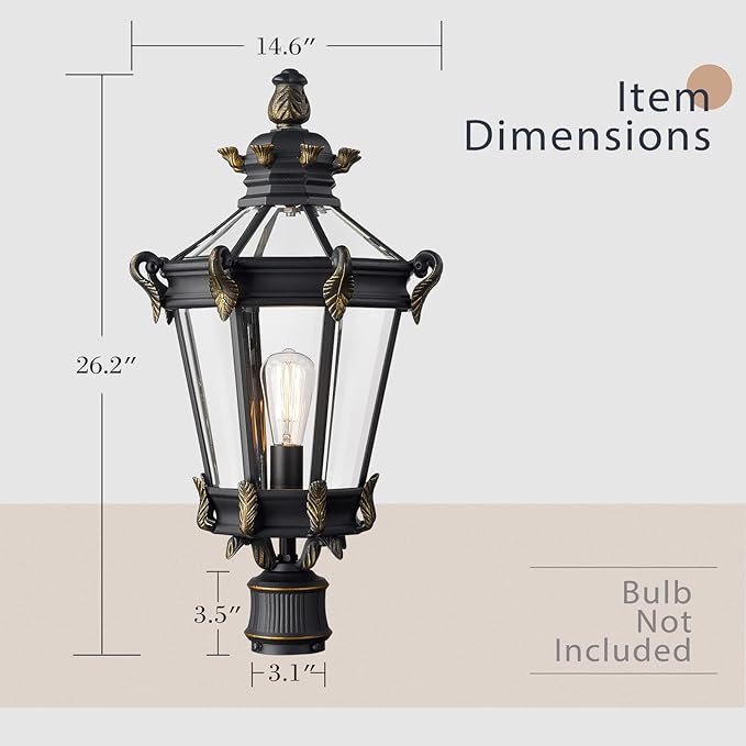 Emliviar Large Outdoor Post Lamp, 26 Inch Vintage Exterior Pole Lantern for House Patio, Black Finish with Clear Glass Shade, XE267P BG