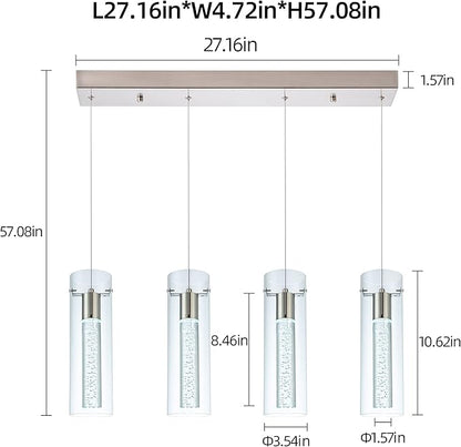Kitchen Lighting Pendant Fixtures 4-Light LED Pendant Ceiling Fixture Brushed Nickel Bubble Cylinder Pendant Light with Adjustable Length for Kitchen Island Dinning Room Bedroom