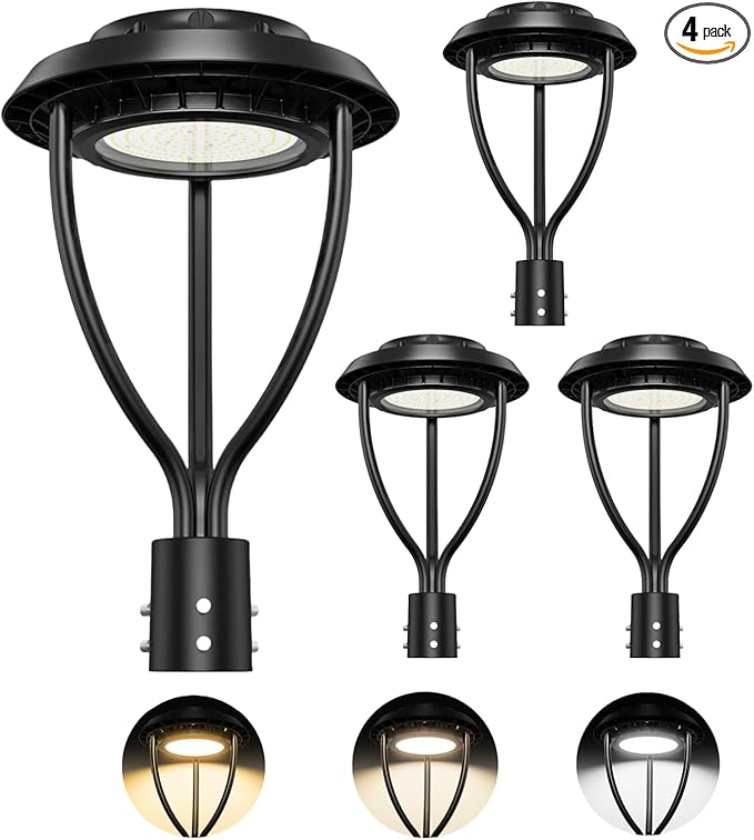 4Pack LED Post Top Light with Photocell, 60W 48W 36W Adjustable, 9000LM Adjustable CCT 3000/4000/5000K Outdoor Pole Lights, IP65 Waterproof Commercial LED Post Light Fixture ETL DLC Listed