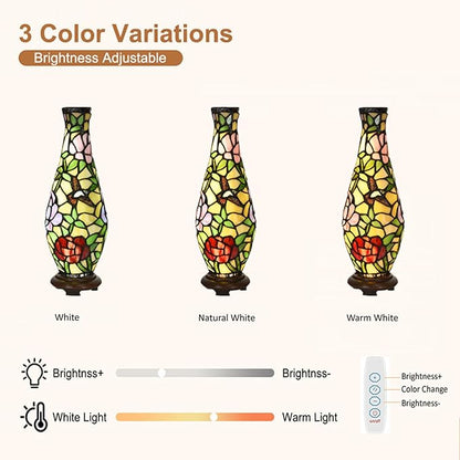 A0010 Tiffany Style Vase Table Lamp LED with 3 Lighting Modes and 10 Brightness Dimming, Handmade Stained Glass Accent Lamp for Bedside Livingroom Bedroom Home Decoration