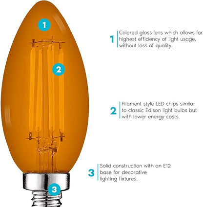 LUXRITE E12 LED Filament Orange Light Bulb, 4.5W (40W Equivalent), Colored Glass Candelabra Bulb, UL Listed, E12 Base, Indoor Outdoor, Porch, Decoration, Party, Holiday, Event, Home Lighting (6 Pack)