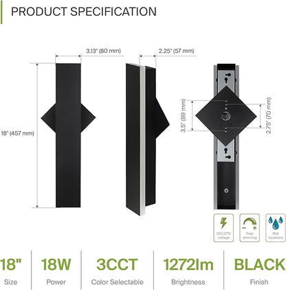 ASD LED 18" Long Wall Mount Light Fixture, Outdoor & Indoor Linear Sconce | 3CCT, Dimmable, Waterproof, Anti-Rust, ETL Listed | 18W 1200LM 3000-5000K 100-277V | Exterior Porch Lighting | Black