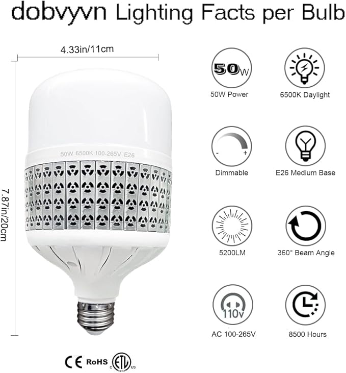 50W High Power LED Bulb, Daylight White 6500k LED Light Bulbs, 450W-500W Light Bulb Equivalent, E26 Medium Base High Watt Commercial Bulbs for Garage Warehouse Workshop Office, 2 Pack
