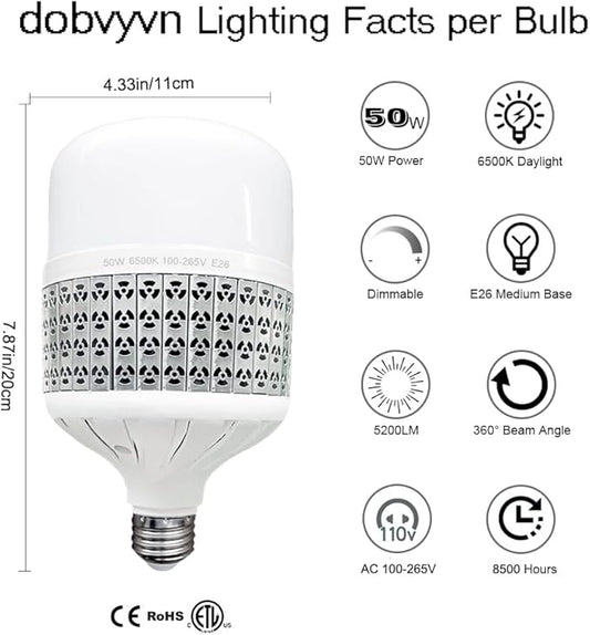 50W High Power LED Bulb, Daylight White 6500k LED Light Bulbs, 450W-500W Light Bulb Equivalent, E26 Medium Base High Watt Commercial Bulbs for Garage Warehouse Workshop Office, 2 Pack
