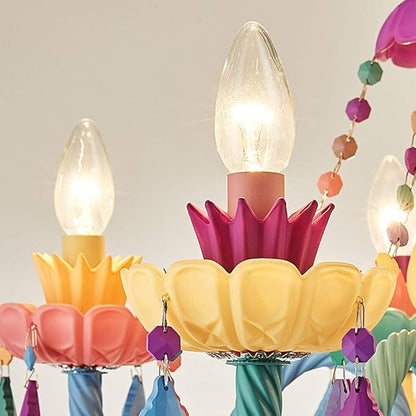 LAKIQ Colorful Crystal Hanging Chandelier Light Fixture 6 Lights European Girls Room Pendant Ceiling Lighting Candle Chandelier for Girls Bedroom Living Room Dining Room Coffee Shop (Style B)
