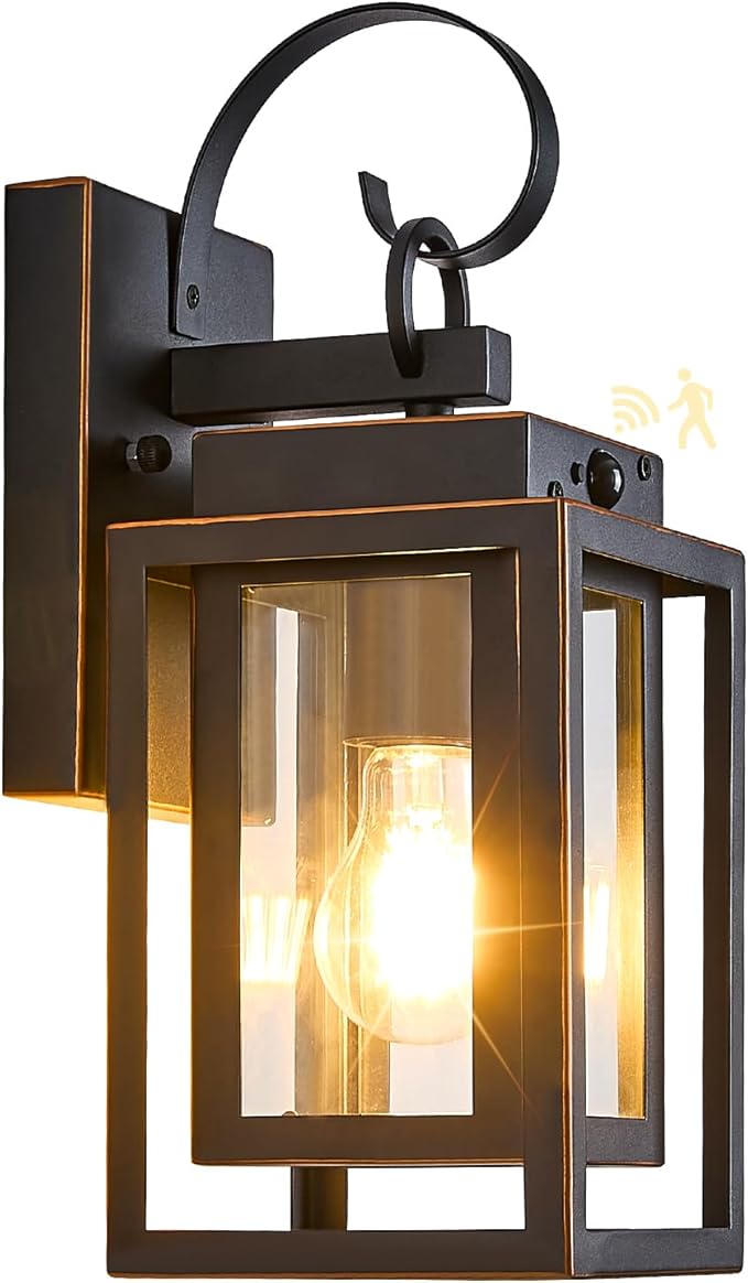 Upgraded Motion Sensor Outdoor Wall Lighting Fixtures, Dusk to Dawn Coach Lamps Outdoor Wall Sconces with Clear Glass, Modern Black Outside Wall Mount Lantern for Front Door, Porch, Garage