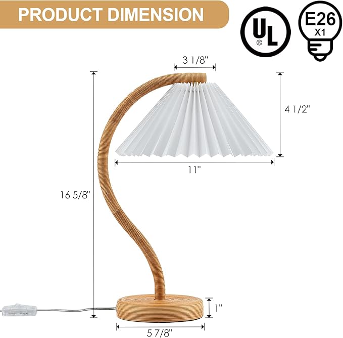 Boho Hand Woven Rattan Table Lamp with White Fabic Shades Plug in and Play Gooseneck Table Light for Bedside Living Room Bedroom Office