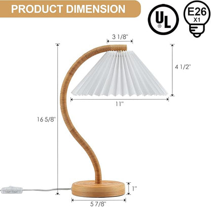 Boho Hand Woven Rattan Table Lamp with White Fabic Shades Plug in and Play Gooseneck Table Light for Bedside Living Room Bedroom Office