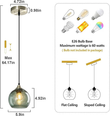 Gray Green Glass Pendant Lights Kitchen Island Lighting Globe Pendant Light Fixtures Modern Pendant Lighting for Kitchen Island Bedroom Living Dining Room Light Fixture(5.9in, 1-Pack)