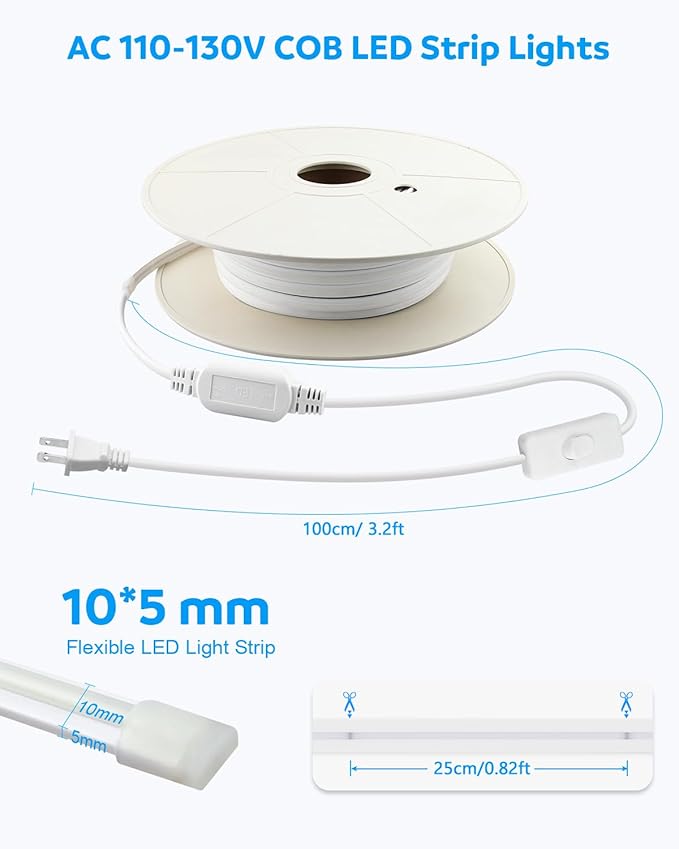 Aclorol 150FT Outdoor White LED Strip Lights Waterproof AC 110V 120V IP68 COB LED Rope Light for Outside with Self-Adhesive for Patio Yards Garden Lighting Decoration Cold White 6000K