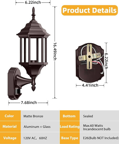 Redluck Motion Sensor Outdoor Lights, 16 inch Dusk to Dawn Outside Porch Lights, Waterproof Anti-Rust Aluminum Outdoor Wall Lights Exterior Lighting Fixtures for House, Garage, Front Door, Brown