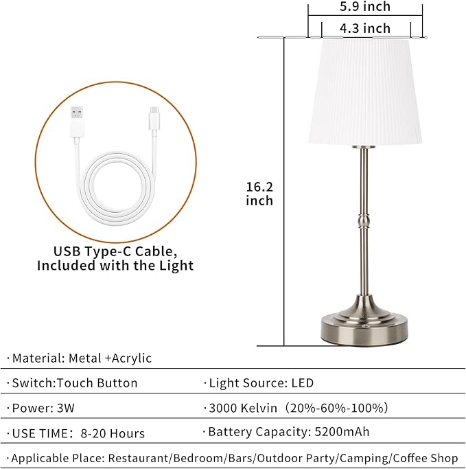 Cordless LED Table Lamp,Portables Fabric Shade Desk Lamps, 5000mAh Rechargeable Battery Powered Lighting, Dimmable Light for Dining Room, Bedroom, Bedside, Night Light, Balcony (Sliver-02)