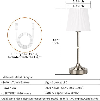 Cordless LED Table Lamp,Portables Fabric Shade Desk Lamps, 5000mAh Rechargeable Battery Powered Lighting, Dimmable Light for Dining Room, Bedroom, Bedside, Night Light, Balcony (Sliver-02)