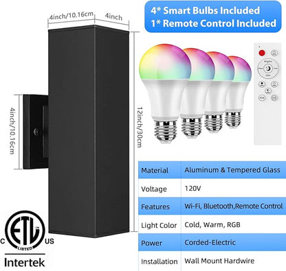 SHIMR Color Changing Outdoor Wall Lights 2 Pack, Ambiance Up and Down Lights Outdoor, Waterproof Square Smart Porch Lights WiFi APP Control Exterior Light Fixture Home Theater Lighting [ETL Listed]