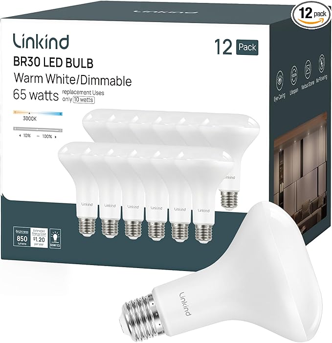 Linkind BR30 LED Flood Light Bulbs Indoor, 65W Equivalent Dimmable LED Recessed Bulbs, 10W 850 Lumens, 3000K Warm White E26 Base, Recessed Can Light Bulb for Bedroom Dining Room Bathroom, 12 Packs