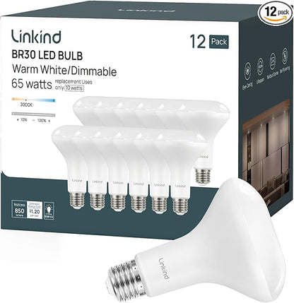 Linkind BR30 LED Flood Light Bulbs Indoor, 65W Equivalent Dimmable LED Recessed Bulbs, 10W 850 Lumens, 3000K Warm White E26 Base, Recessed Can Light Bulb for Bedroom Dining Room Bathroom, 12 Packs