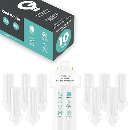 GoodBulb 32 Watt CFL Light Bulbs 4 Pin GX24Q-3 Base 4100K Cool White 32W High Output 2400 Lumens Triple Tube Compact Fluorescent Light Bulbs Plug-in 10 Pack