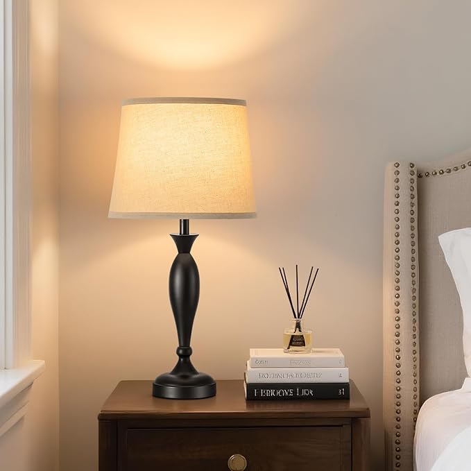22.6" Table Lamp, 2Pcs Modern Bedside Lamps Desk Reading Light for Living Room Nightstand Bedroom Dormitory Home Office, Black