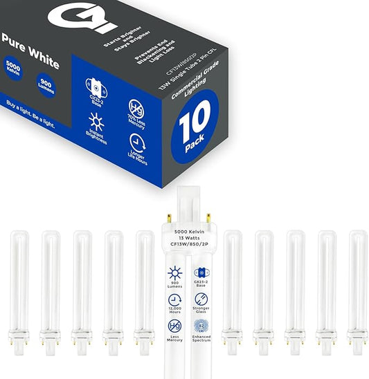 GoodBulb 13 Watt CFL Light Bulbs 2 Pin GX23 Base 5000K Daylight 13W High Output 800 Lumens Single Tube Compact Fluorescent Light Bulbs Plug-in 10 Pack