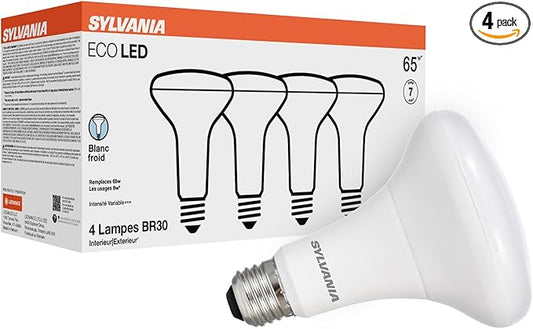 LEDVANCE Sylvania ECO LED BR30 Light Bulb, 65W = 9W, Dimmable, Frosted Finish, 650 Lumens, 4000K, Cool White - 4 Pack (41102)