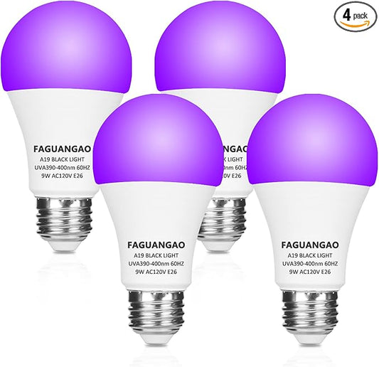 FAGUANGAO LED Black Light Bulb,9W(75Watt Equivalent) A19 UV Blacklight Bulb,120V,UVA Level 390-400nm,E26 Medium Base,Glow in The Dark for Blacklight Party,Fluorescent Poster,Neon Glow,4 Pack