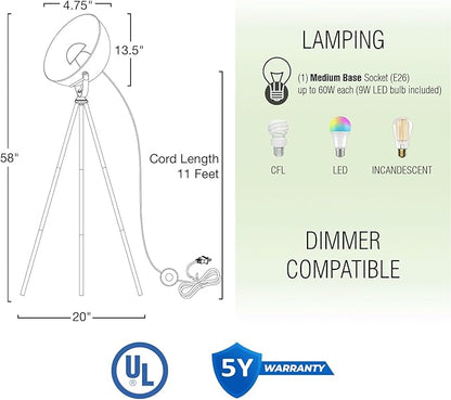 Kira Home Sulis 58" Modern Industrial Tripod LED Floor Lamp + 9W Bulb (Energy Efficient/Eco-Friendly), Leather Accent Legs, Satellite Style Shade, Black Finish