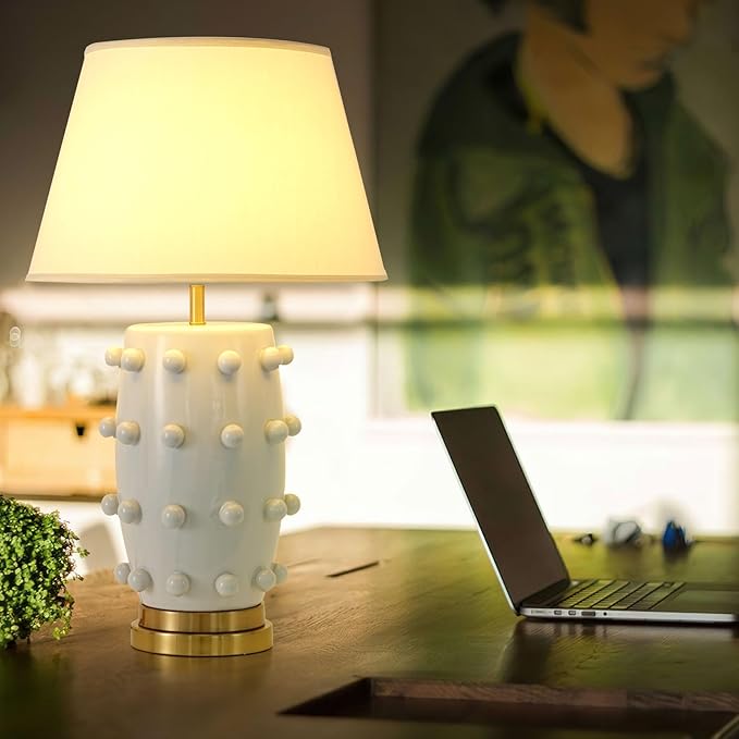 Modern Ceramic Linden Table Lamp - 30" White Ball Farmhouse Design, Classic Nightstand Large Linden Lamp Tapered Drum Shade for Living Room, Bedroom, Office, and Home （White）