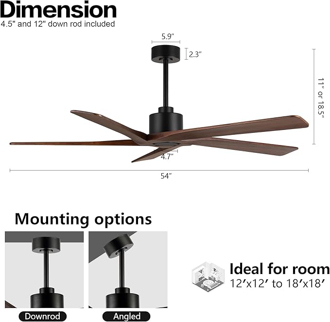WINGBO 54 Inch DC Ceiling Fan without Lights, 5 Reversible Carved Solid Wood Blades, 6-Speed Noiseless DC Motor, Ceiling Fan No Light with Remote, Matte Black Finish with Walnut Blades, ETL Listed