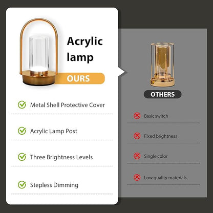 Portable Metal Table Lamp for Outdoor Indoor 3 Colors Cordless Table Lamp Rechargeable Dimmable Battery Powered Small Desk Lamps Crystal Lantern Lamps for Patio Bedroom Restaurant Bar Camping(Gold)