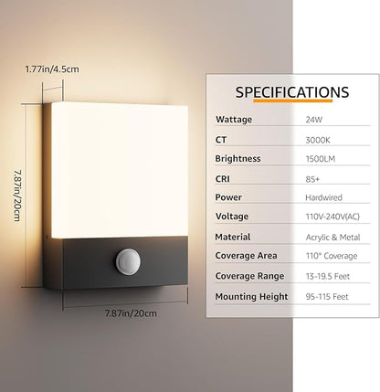 Aoceeley Modern Outdoor Led Wall Light with Motion Sensor,24W 3000K Porch & Patio Light,Exterior Hardwired Wall Light Fixtures,IP65 Waterproof Square Wall Lamp for Garage, Front Door(Black,2-Pack)