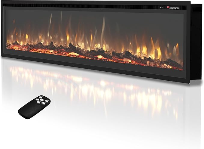 EUHOMY 73 Inch Electric Fireplace Recessed Wall Mounted Freestanding with Remote Control, Ultra-thin Fireplace Heater with Adjustable Flame Color, Linear Fireplace with Timer, Log & Crystal, 750/1500W