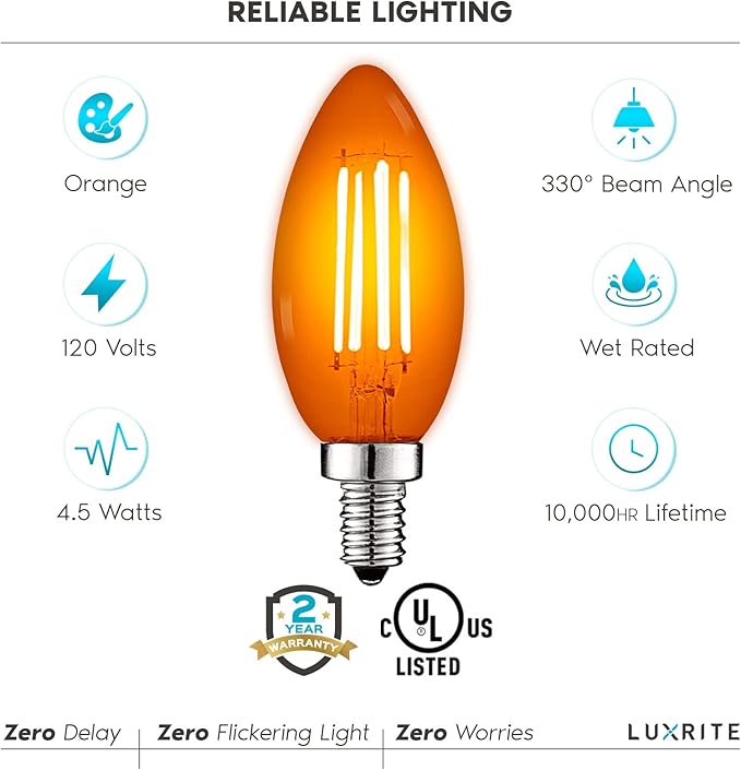 LUXRITE E12 LED Filament Orange Light Bulb, 4.5W (40W Equivalent), Colored Glass Candelabra Bulb, UL Listed, E12 Base, Indoor Outdoor, Porch, Decoration, Party, Holiday, Event, Home Lighting (4 Pack)