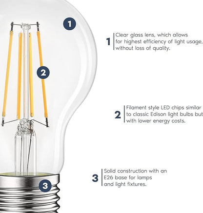 LUXRITE Vintage A19 LED Light Bulbs 60W Equivalent, 3000K Soft White Dimmable, 800 Lumens, Standard LED Edison Bulb 8W, UL Listed, E26 Base (6 Pack)
