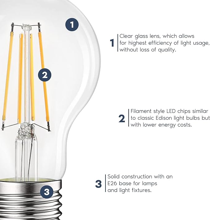 LUXRITE Vintage A19 LED Light Bulbs 60W Equivalent, 3000K Soft White Dimmable, 800 Lumens, Standard LED Edison Bulb 8W, UL Listed, E26 Base (4 Pack)