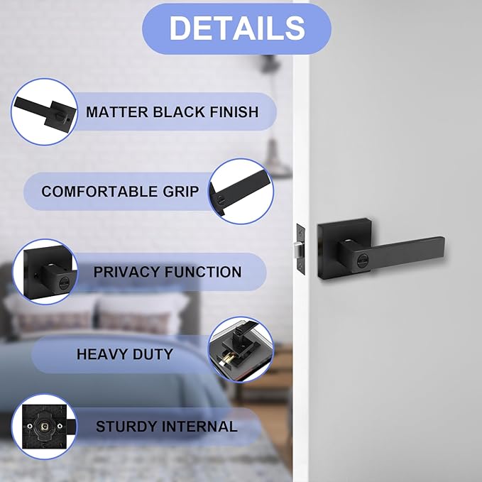 Privacy Door Levers, 4 Pack Matte Black Door Handles Heavy Duty Bed and Bath Door Locks Interior Keyless Locksets, Reversible for Left Right Handed Doors