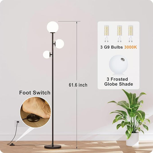 Floor lamp with 3 Frosted Glass Shades,Stangding Lamp Floor Lamps for Living Room Bedroom Office with 3 led Bulbs,Tall lamp with Foot Switch (Black)