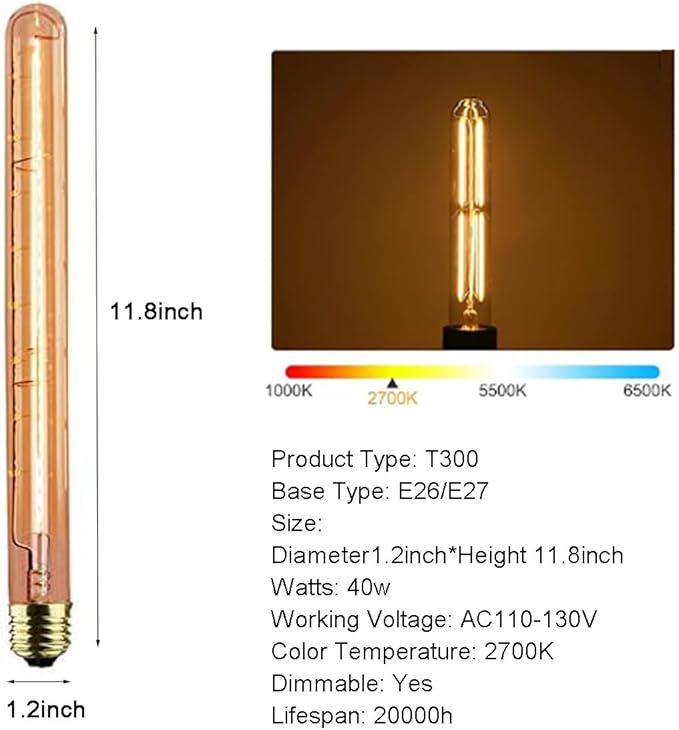 GOENDR T300 Long Light Bulb, E26 Base Amber Vintage Edison Bulb, Dimmable Tubular Unique Decorative Filament Light Bulb for Wall Sconces & Pendant Lantern Industrial Fixture Pendant Lamp(4 Pack)