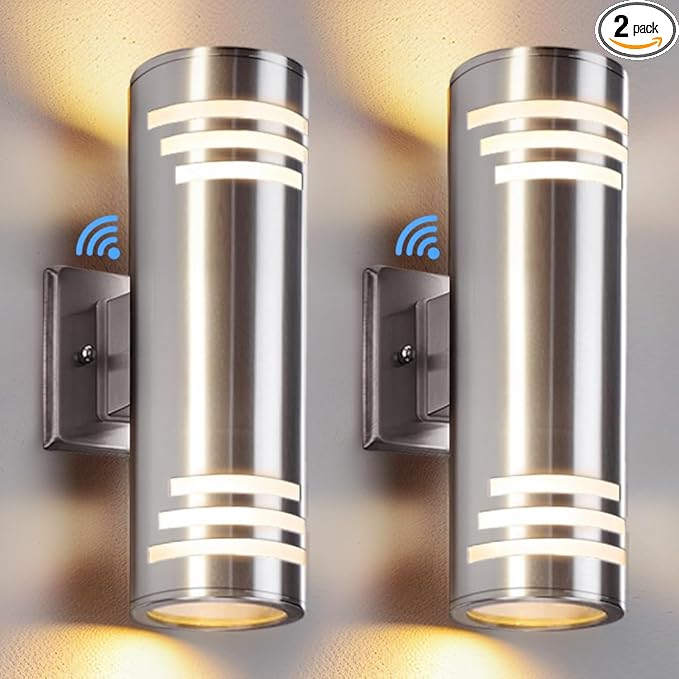 SHIMR Modern Outdoor Wall Lights Dusk to Dawn 2 Pack, Exterior Lighting Fixtures Stainless Steel with Brushed Nickel Finsh, Waterproof Up and Down Outside Lights for House, LED Bulbs Include