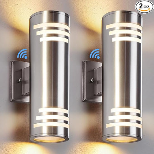 SHIMR Modern Outdoor Wall Lights Dusk to Dawn 2 Pack, Exterior Lighting Fixtures Stainless Steel with Brushed Nickel Finsh, Waterproof Up and Down Outside Lights for House, LED Bulbs Include