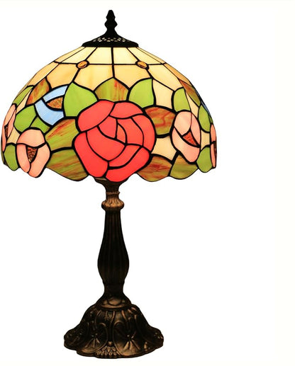 Tiffany Style Table Lamp, Stained Glass Bedside Lamp, Handmade Antique Desk Lamp, Red Rose Pattern, for Living Room Bedroom Home Office, Height 19 Inch, Width 12 Inch, Include LED Bulb