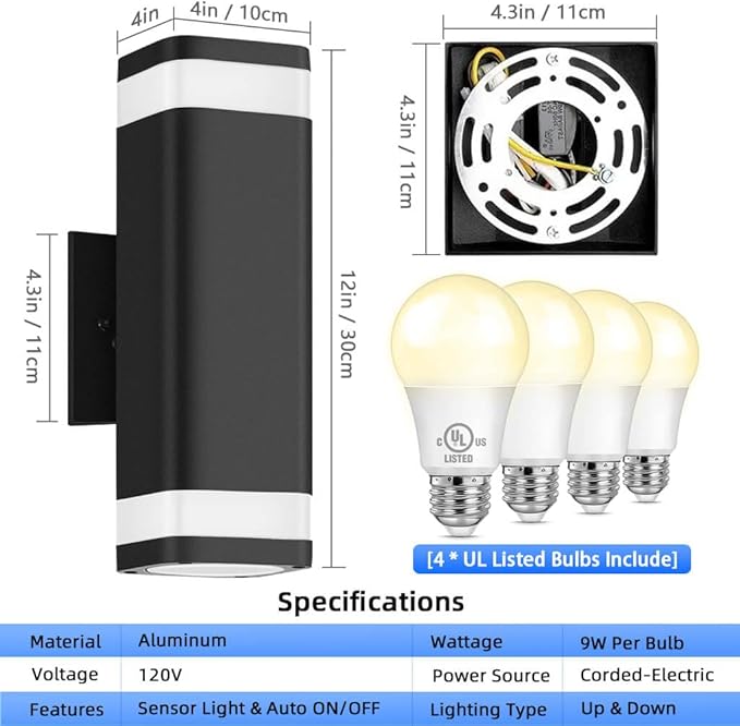 RAYVO Dusk to Dawn Outdoor Wall Lights 2 Pack, Modern Up and Down Exterior Lighting Fixtures with Sensor, Waterproof Aluminum Wall Sconce for Porch Garage Patio, LED Bulbs Included, Black Finish