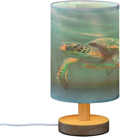 Bedside Lamp Turtle Teal Underwater Table Lamp for Bedroom LED Nightstand Lamp Shade USB Ports Wood Base for Living Room Dorm Office
