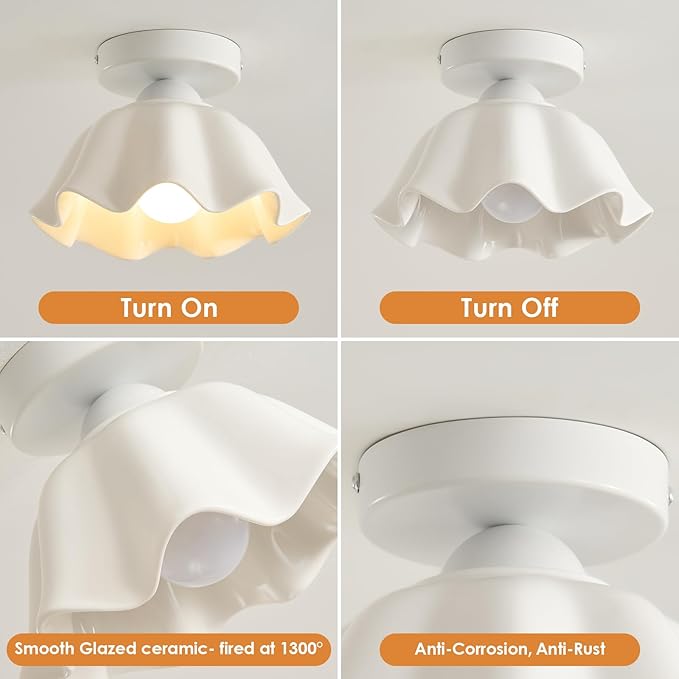 2 Pack Semi Flush Mount Ceiling Light - Flower Glaze Ceramic, White Vintage Hallway Light Fixtures, Milk Glass Ceiling Lights, Mid Century Small Light Fixture for Cottage Entryway Laundry Room Foyer