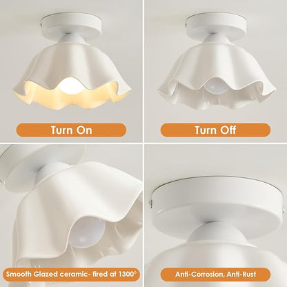 2 Pack Semi Flush Mount Ceiling Light - Flower Glaze Ceramic, White Vintage Hallway Light Fixtures, Milk Glass Ceiling Lights, Mid Century Small Light Fixture for Cottage Entryway Laundry Room Foyer