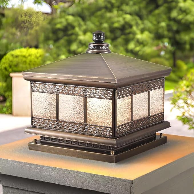 All Copper Steel Glass Outdoor Post lights, Waterproof Pillar Light, Vintage Patio Lawn Column Lamp,outdoor column lights,Deck Lights, Lantern Fence Lamp Fixture E26 Base (Diamond glass, 10X10IN)